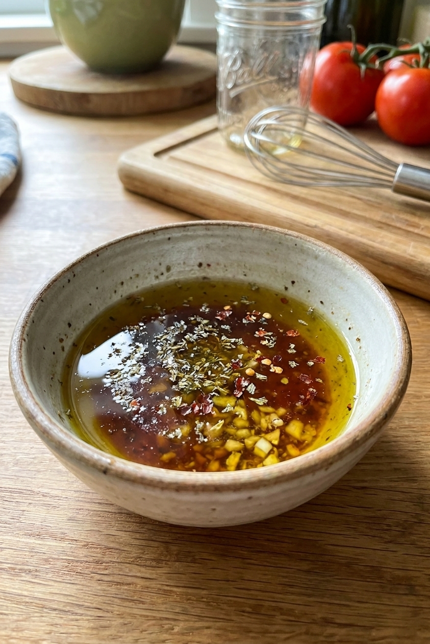 A small bowl of homemade Italian sub oil with olive oil, red wine vinegar, dried oregano, red pepper flakes, and minced garlic, photographed on a kitchen counter