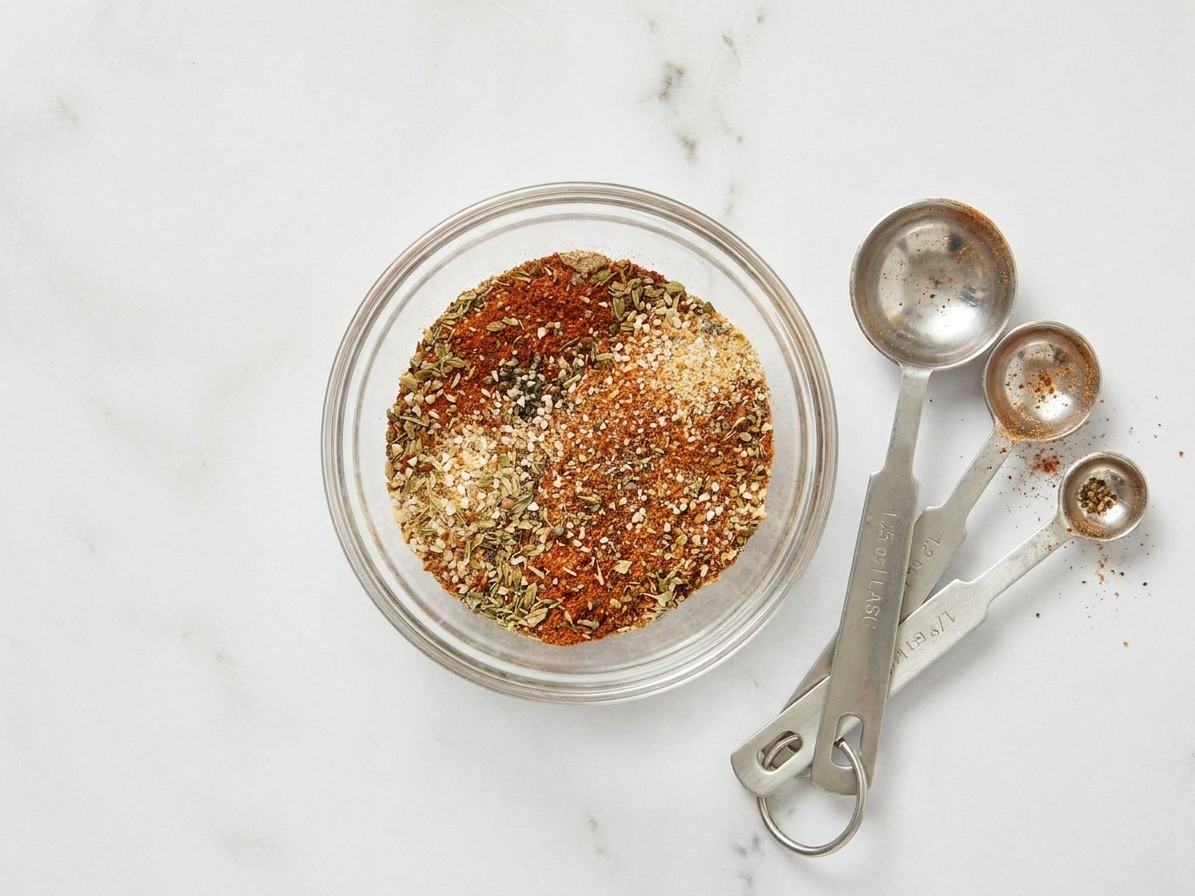A small bowl of homemade blackening seasoning with paprika, herbs, and pepper mixed together next to measuring spoons