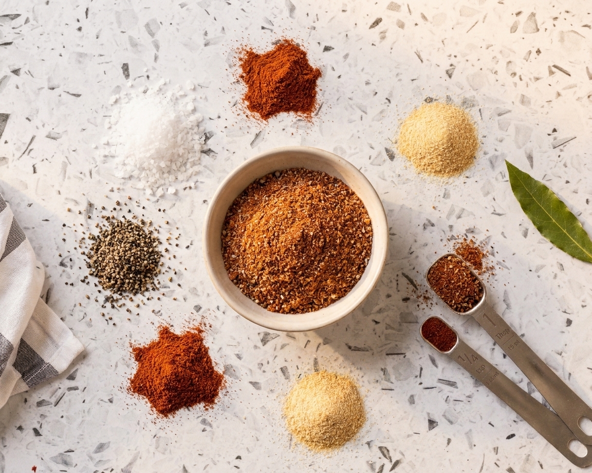 A small bowl of homemade brisket dry rub beside kosher salt, coarse black pepper, paprika, and garlic powder in a warmly lit kitchen