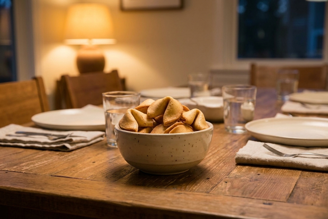 A small bowl of homemade fortune cookies on a family dinner table with simple plates and warm evening lighting