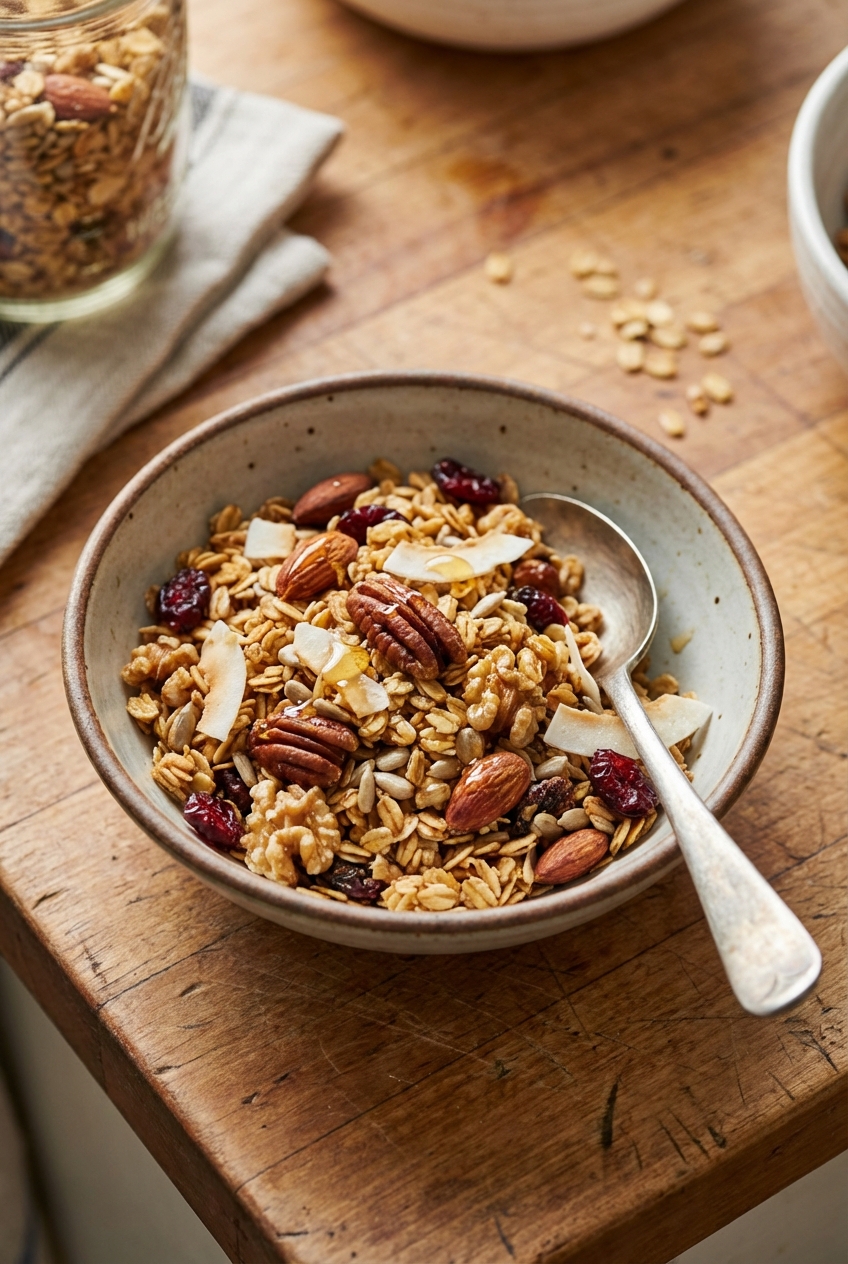 A small bowl of homemade granola with oats and nuts on a wooden surface