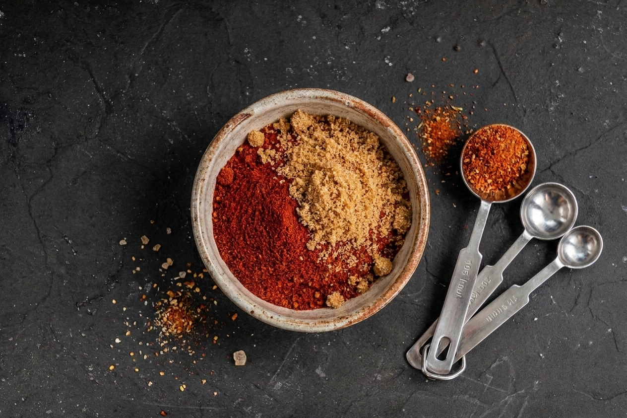 A small bowl of homemade rib dry rub with smoked paprika and brown sugar on a kitchen counter next to measuring spoons