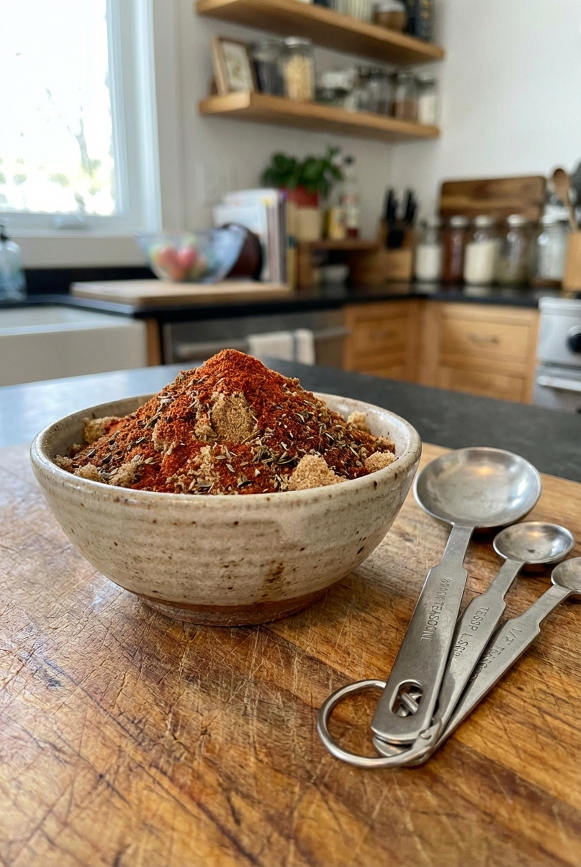 A small bowl of homemade rib rub on a wooden cutting board with measuring spoons nearby