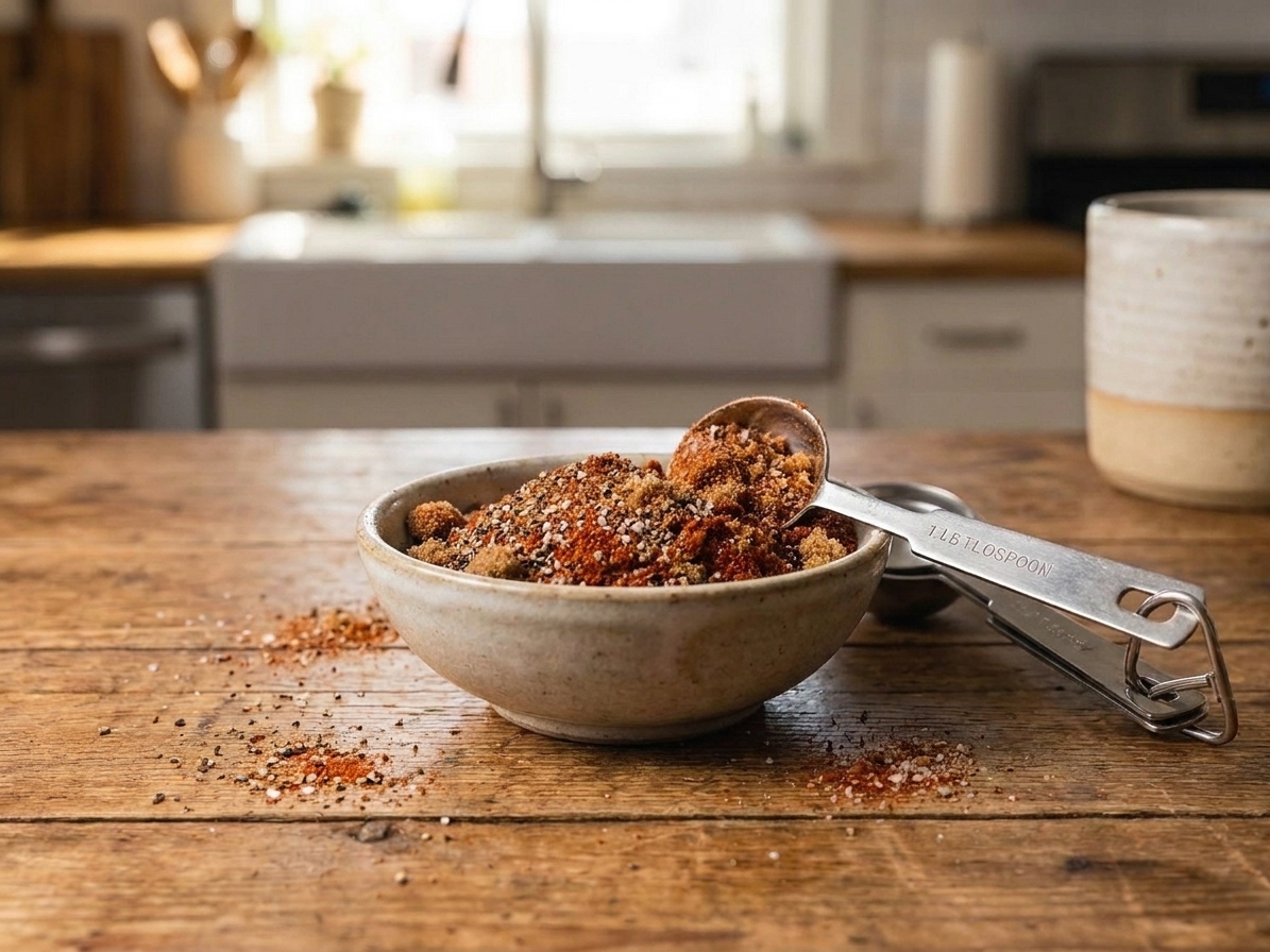 A small bowl of homemade spice rub with paprika and brown sugar next to measuring spoons on a kitchen counter