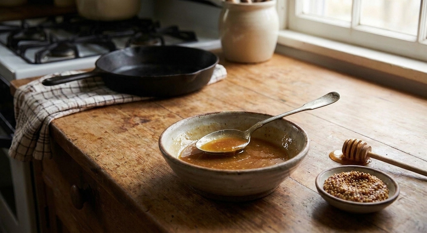 A small bowl of honey Dijon glaze with a spoon on a wooden counter