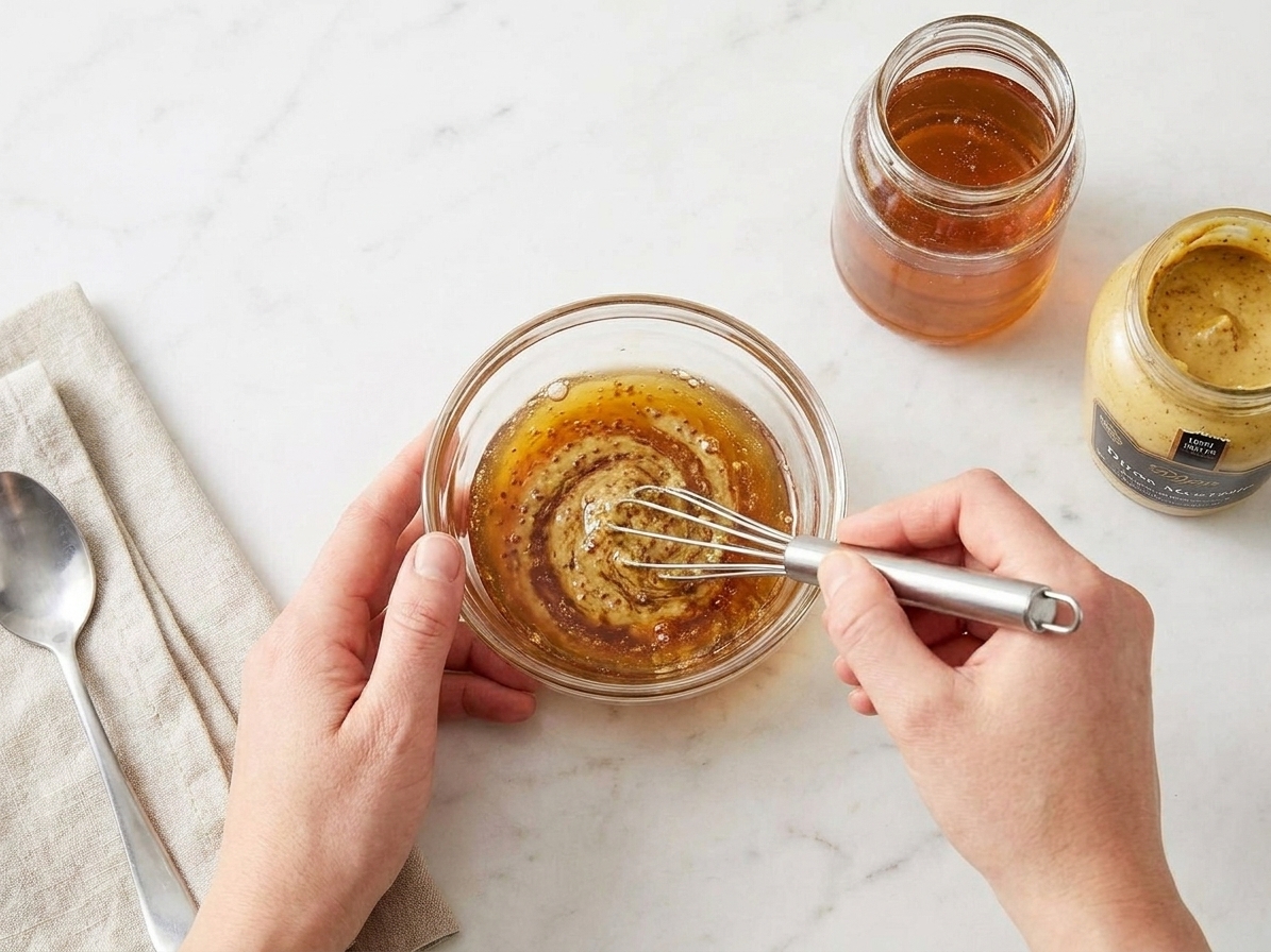 A small bowl of honey Dijon sauce being whisked on a kitchen counter