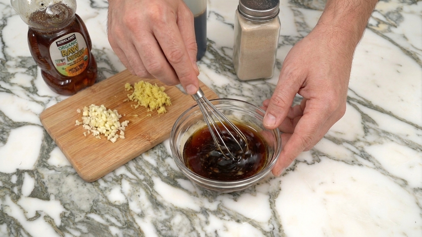 A small bowl of honey and soy sauce mixture being whisked on a kitchen counter with minced garlic and grated ginger nearby