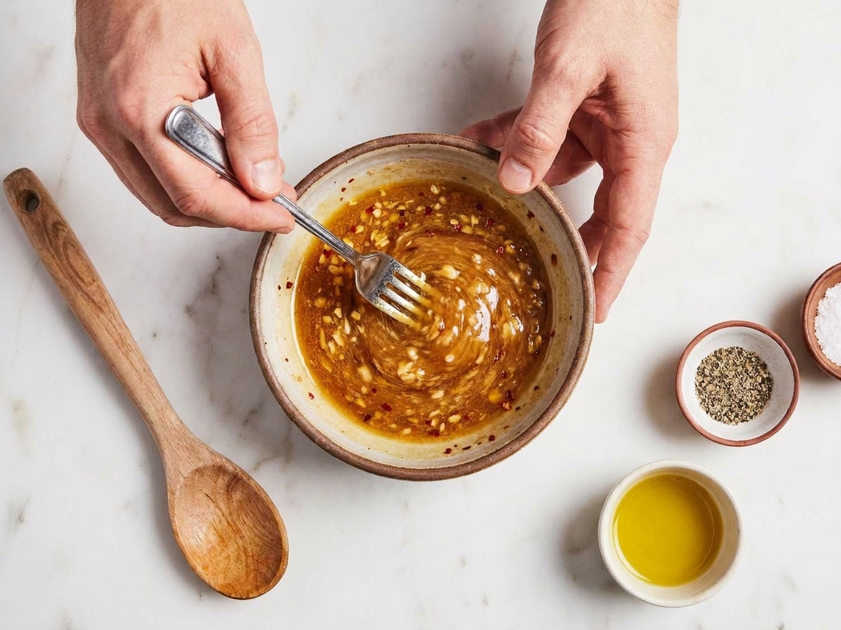 A small bowl of honey garlic sauce being whisked with a fork on a kitchen counter