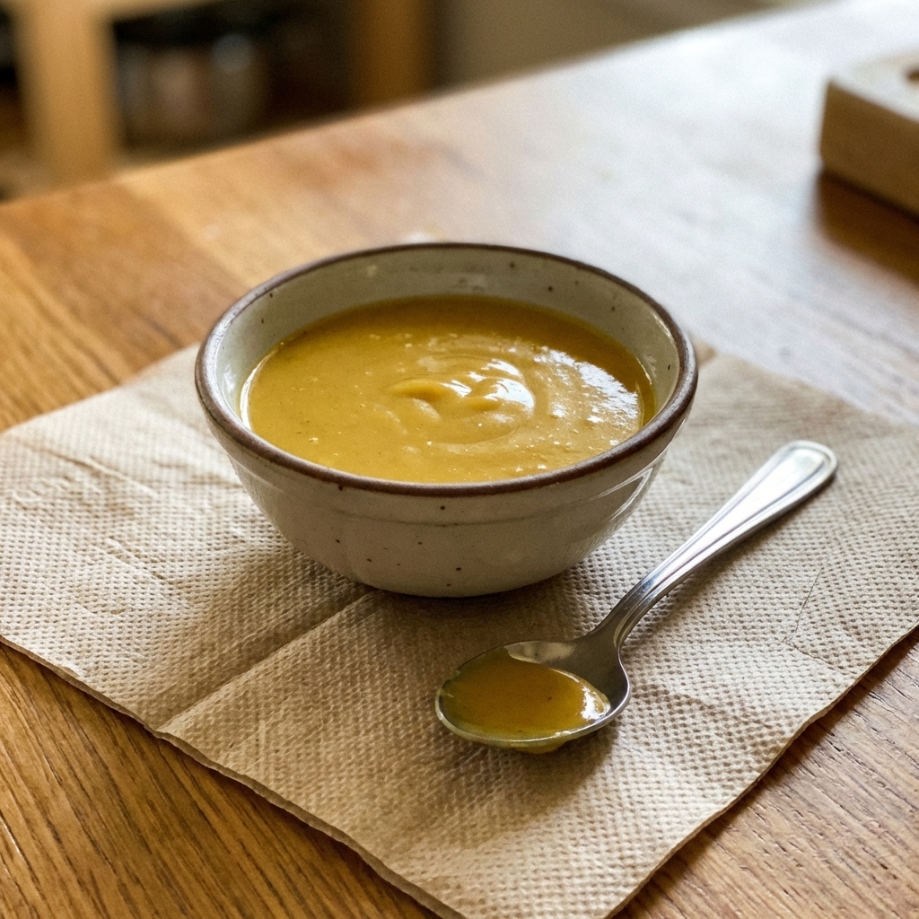 A small bowl of honey mustard with a spoon resting beside it on a napkin