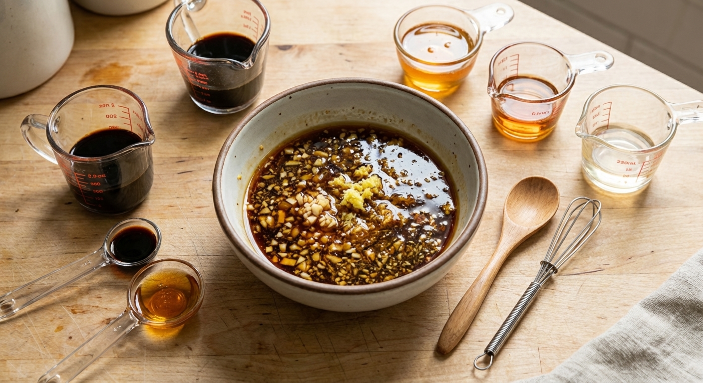 A small bowl of honey soy marinade with minced garlic and grated ginger beside measured soy sauce, honey, sesame oil, and rice vinegar on a kitchen counter, photorealistic overhead food photo