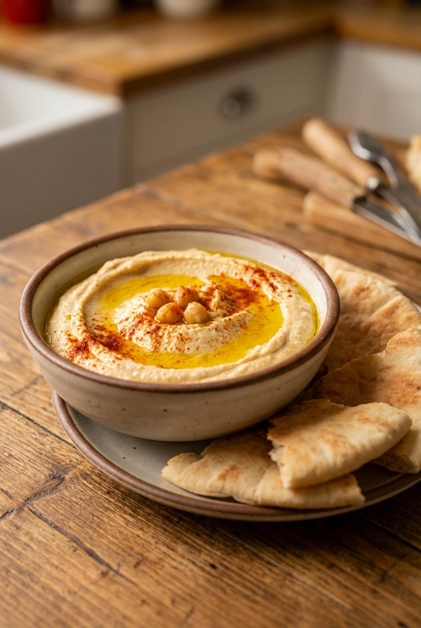 A small bowl of hummus drizzled with olive oil and sprinkled with paprika, with pita on the side