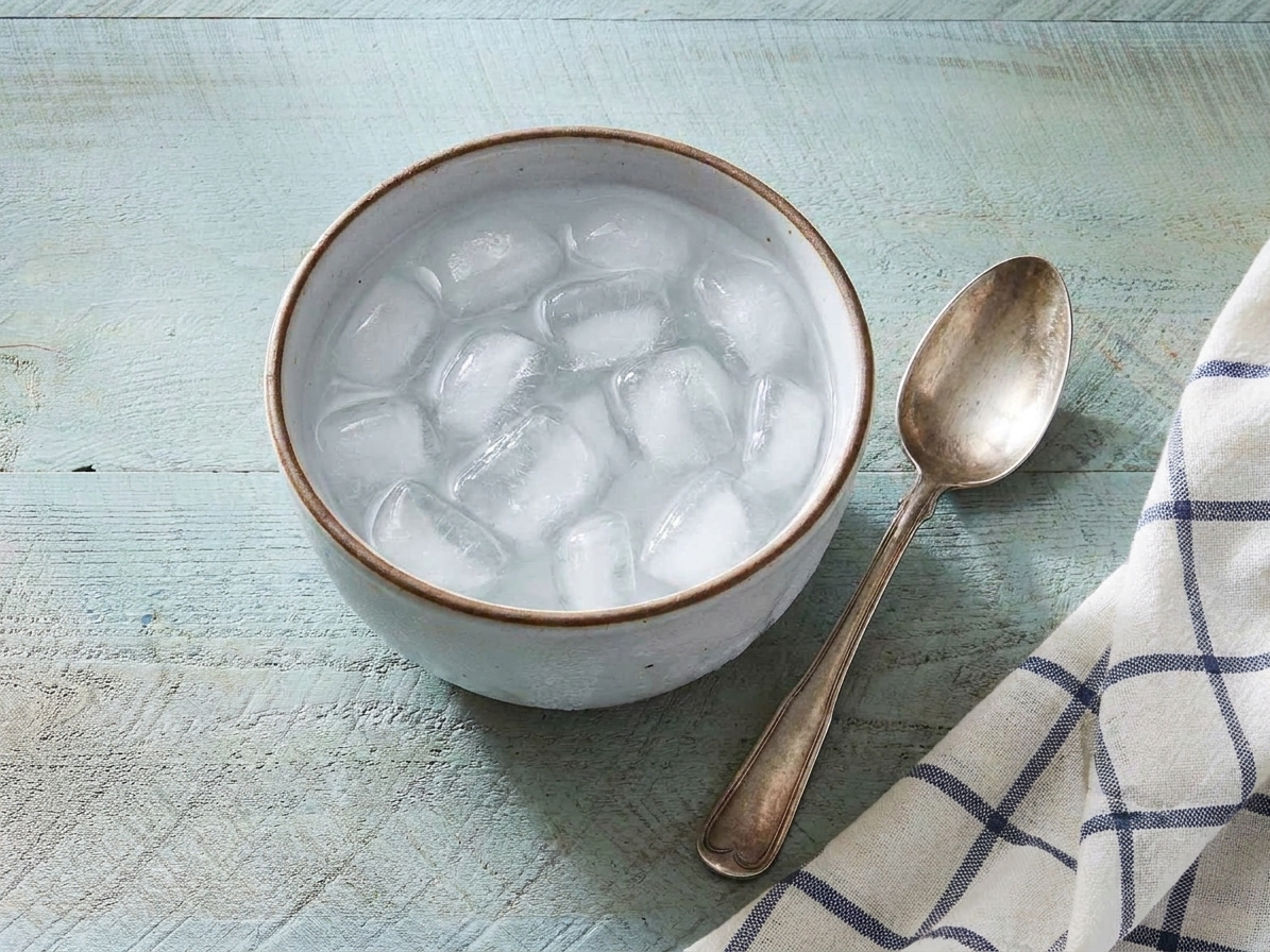 A small bowl of ice water with a spoon resting beside it on a kitchen countertop