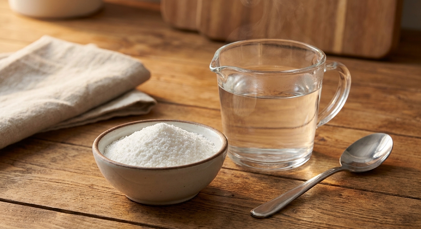 A small bowl of instant snow powder next to a measuring cup of warm water on a kitchen counter