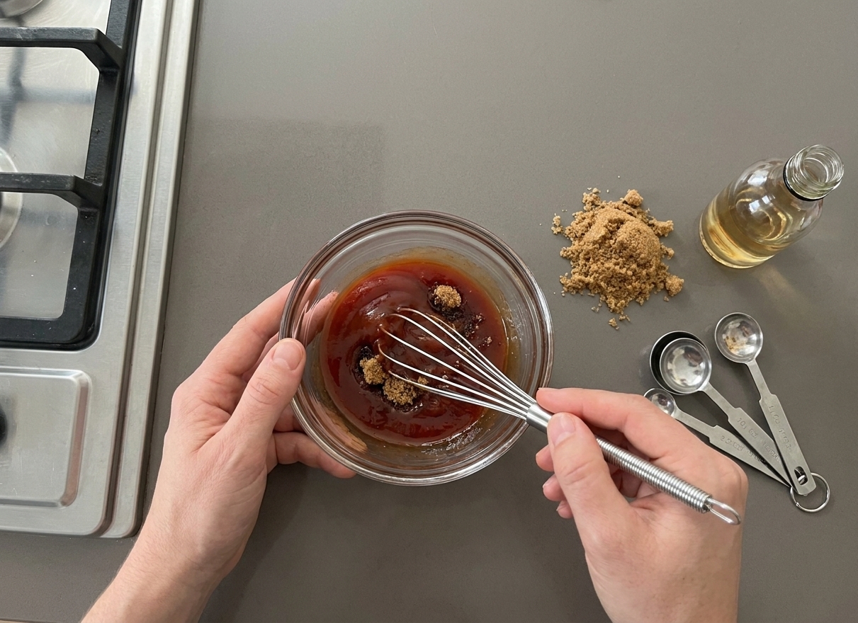 A small bowl of ketchup glaze being whisked with brown sugar and vinegar on a kitchen counter next to measuring spoons