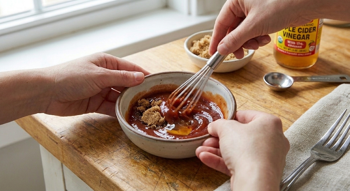 A small bowl of ketchup glaze being whisked with brown sugar and vinegar on a kitchen counter
