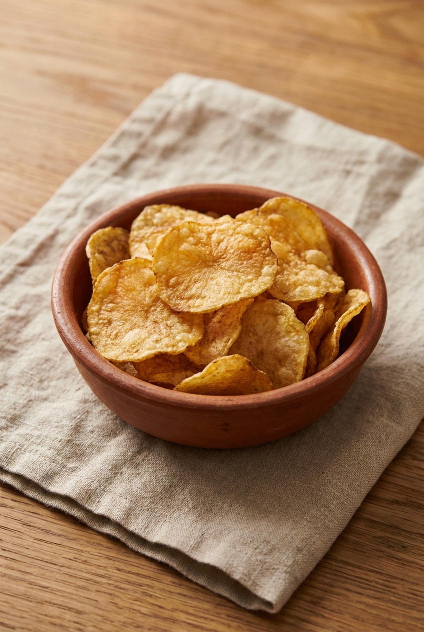 A small bowl of kettle cooked potato chips on a linen napkin