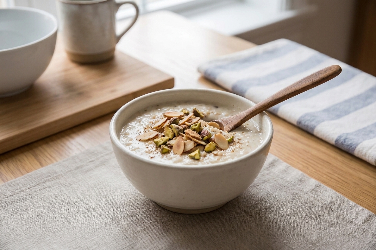 A small bowl of kheer topped with toasted pistachios and almonds on a neutral-toned kitchen table with soft natural light