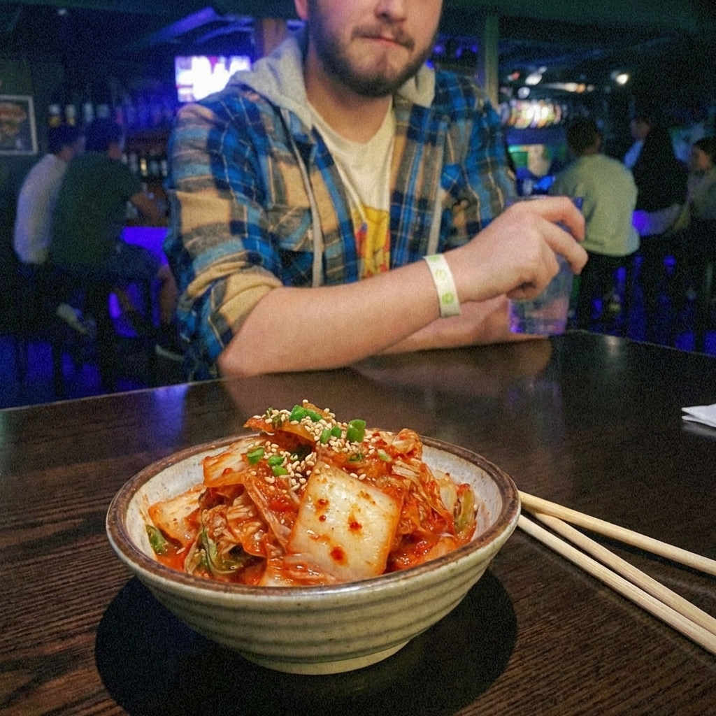 A small bowl of kimchi on a table with chopsticks