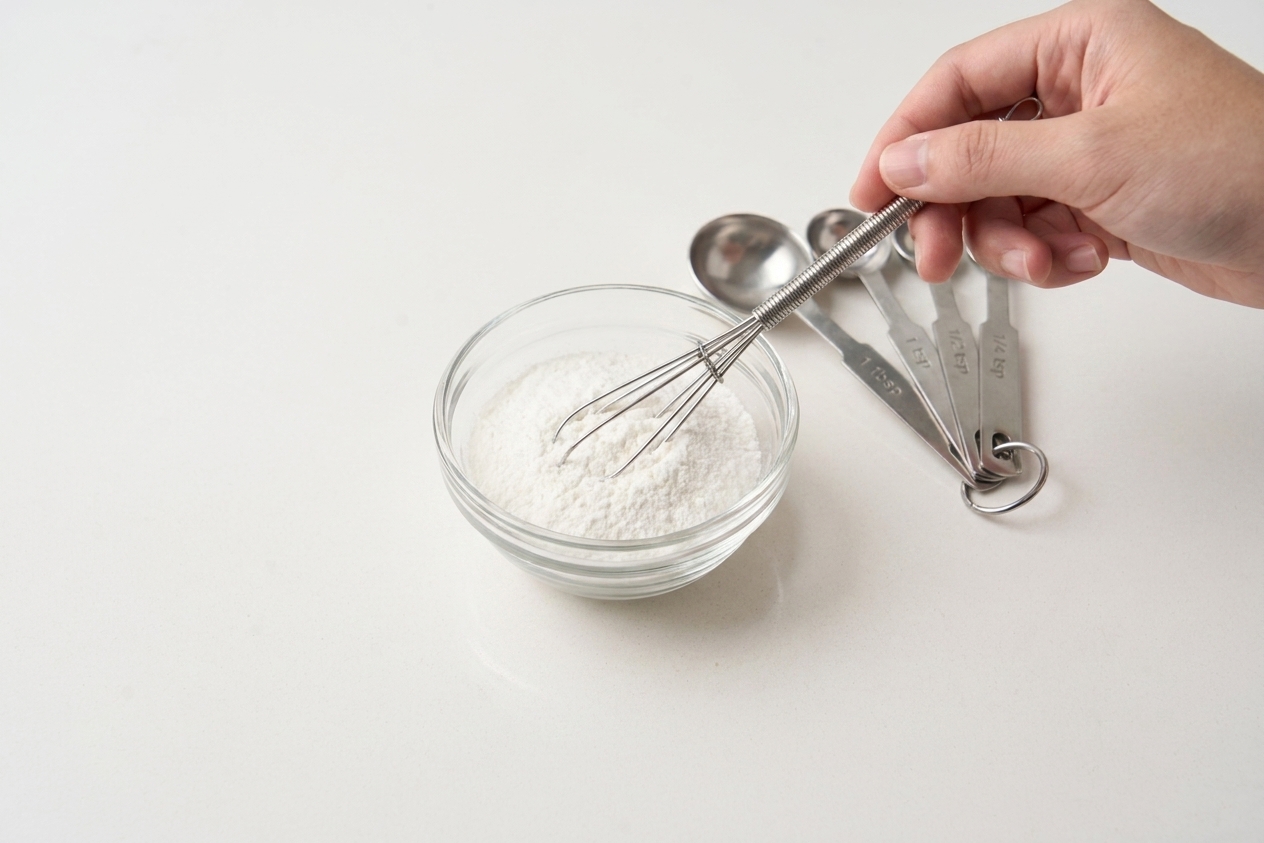 A small bowl of konjac powder with a whisk and measuring spoons on a kitchen counter, ready for making jelly