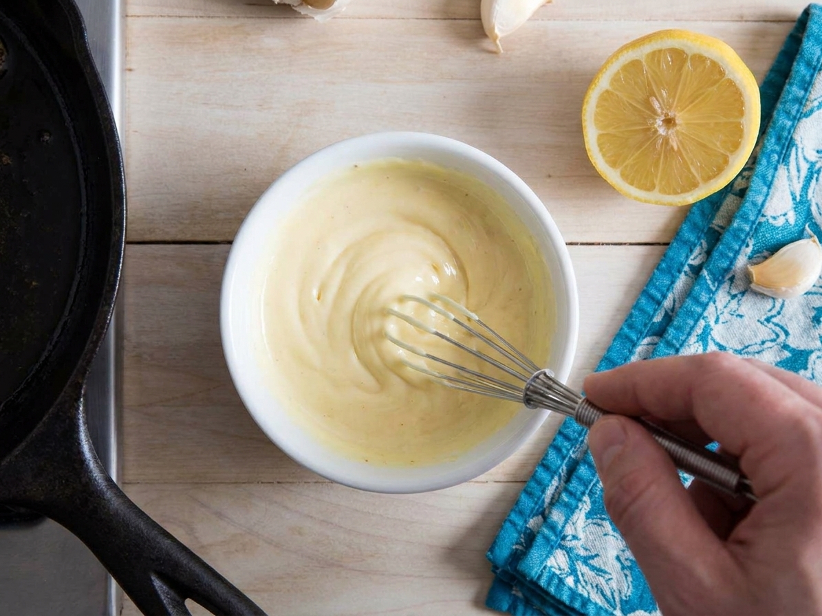A small bowl of lemon aioli being whisked smooth on a kitchen counter with a halved lemon nearby