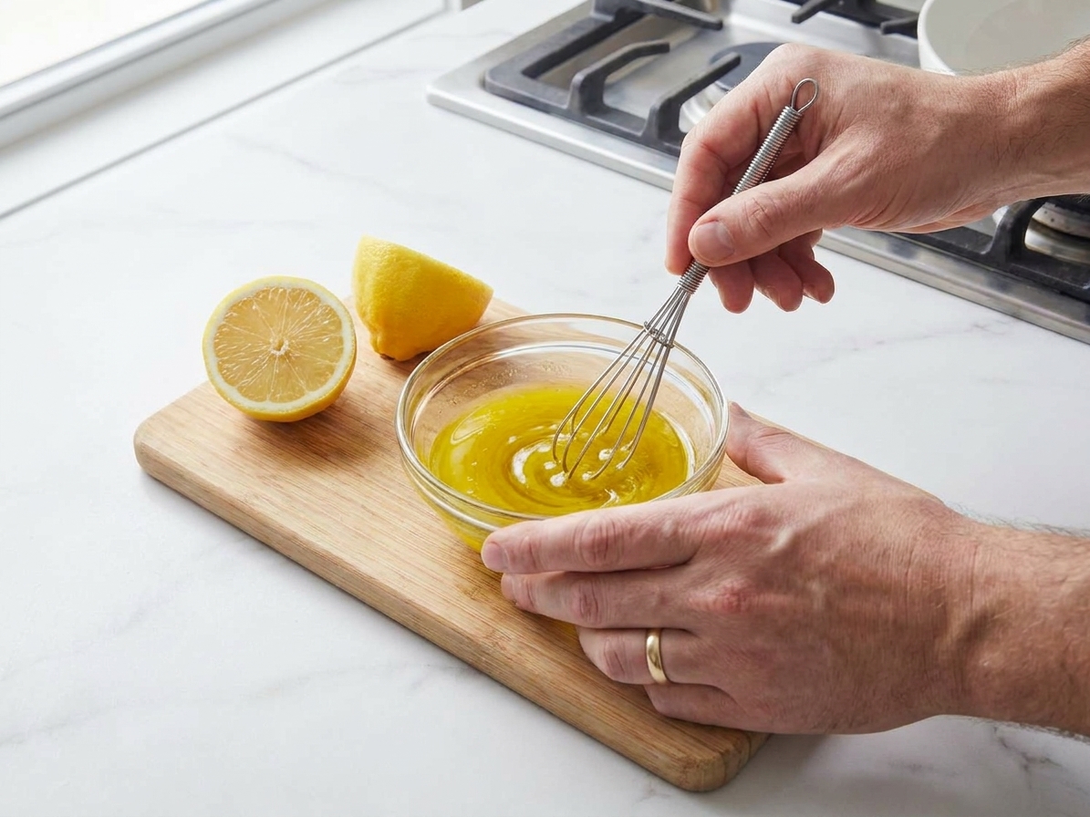 A small bowl of lemon and olive oil dressing being whisked on a kitchen counter with a halved lemon nearby