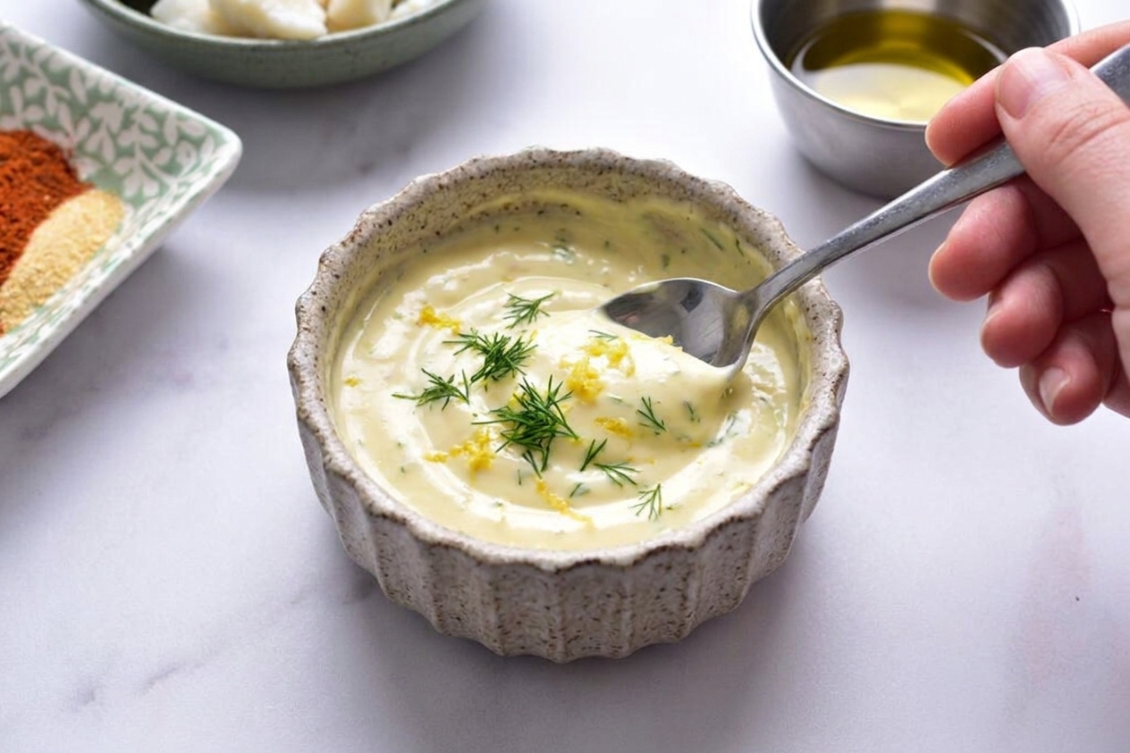 A small bowl of lemon-dill aioli being stirred with a spoon on a kitchen counter