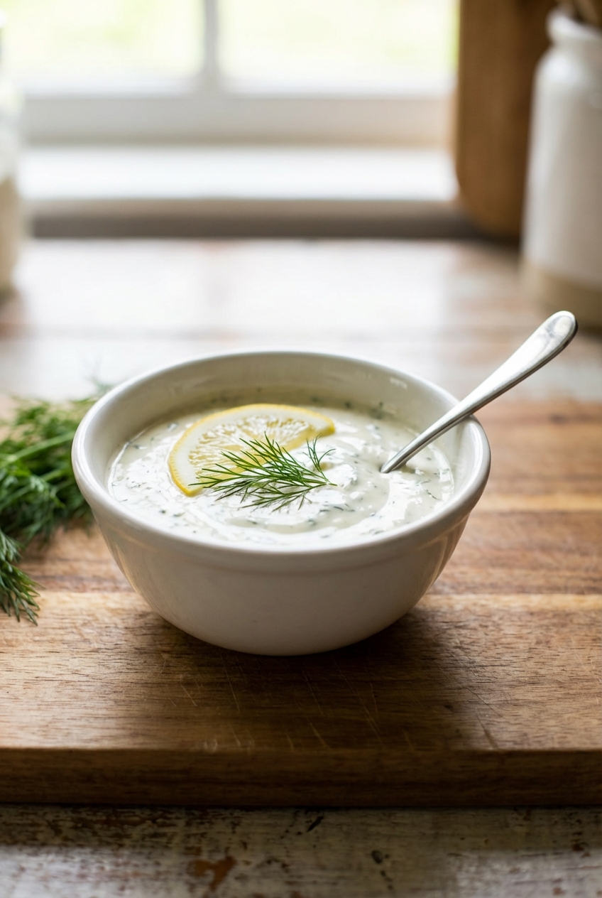 A small bowl of lemon dill sauce with a spoon