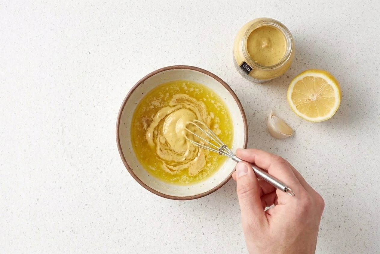 A small bowl of lemon garlic butter sauce being whisked with Dijon mustard on a kitchen counter
