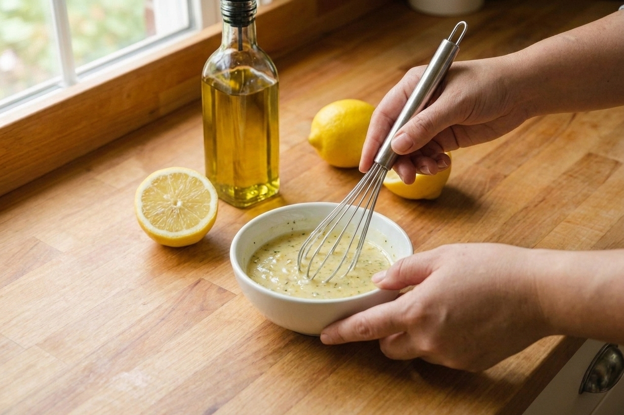A small bowl of lemon garlic dressing being whisked on a kitchen counter next to a halved lemon and olive oil bottle