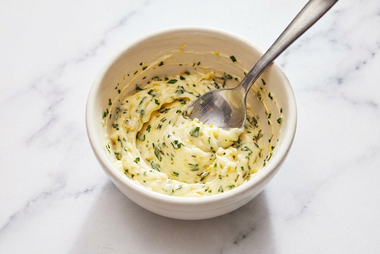 A small bowl of lemon garlic herb butter being stirred with a spoon on a kitchen counter
