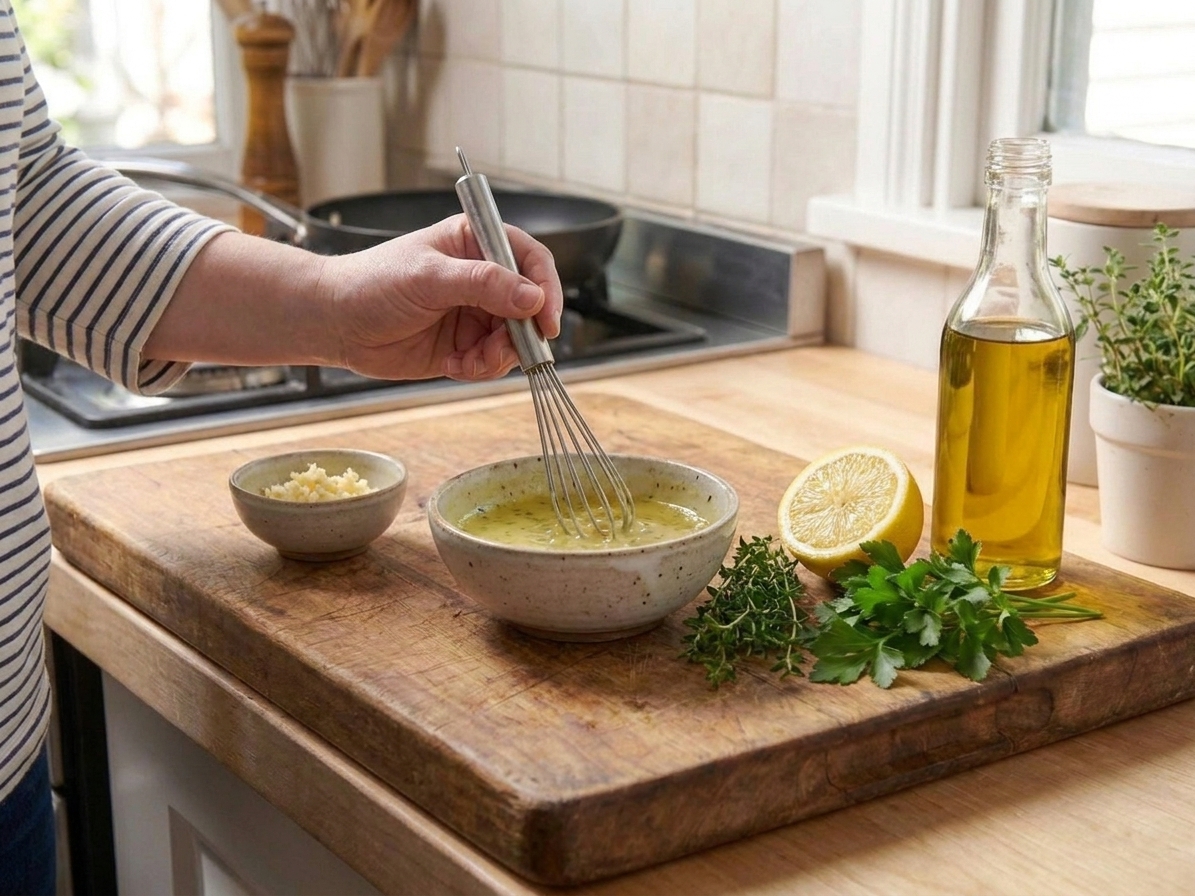 A small bowl of lemon garlic herb sauce being whisked on a kitchen counter