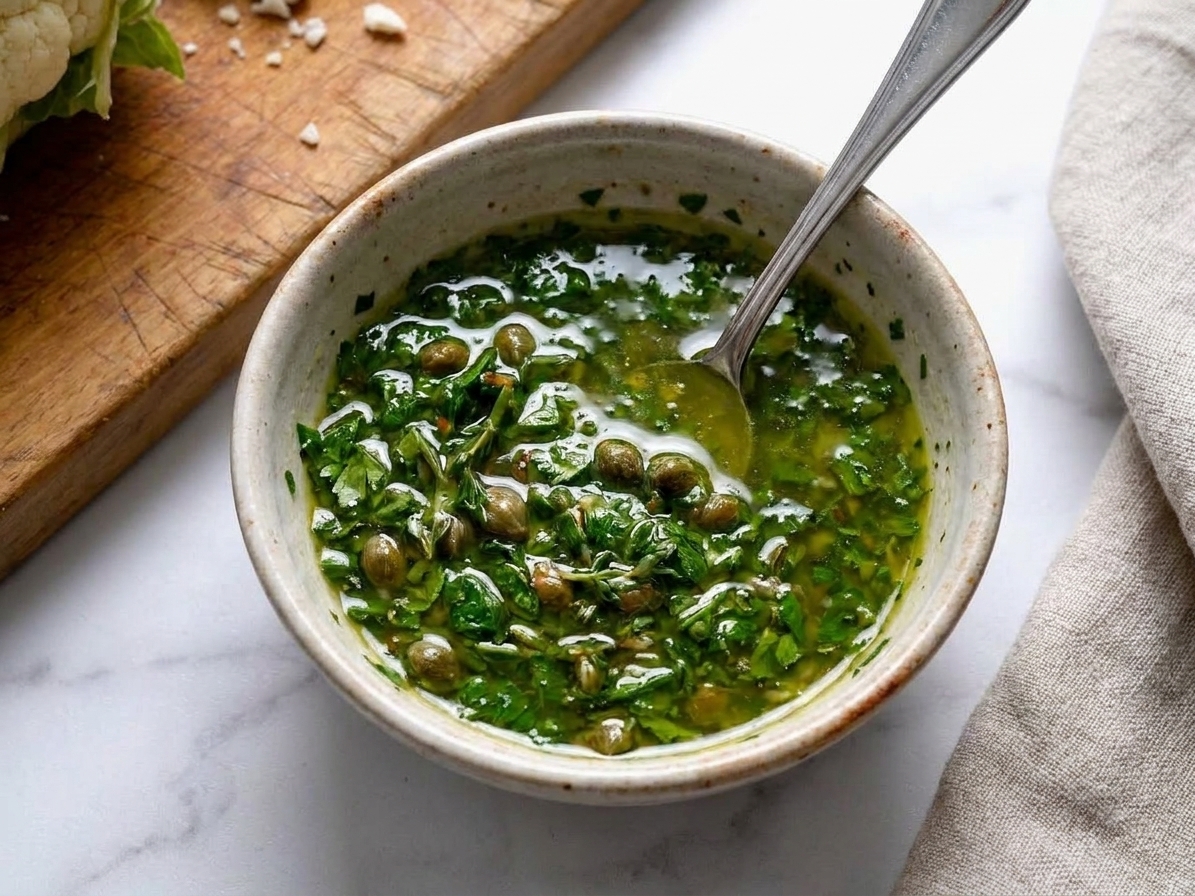 A small bowl of lemon-garlic herb sauce with chopped herbs and capers, with a spoon resting inside