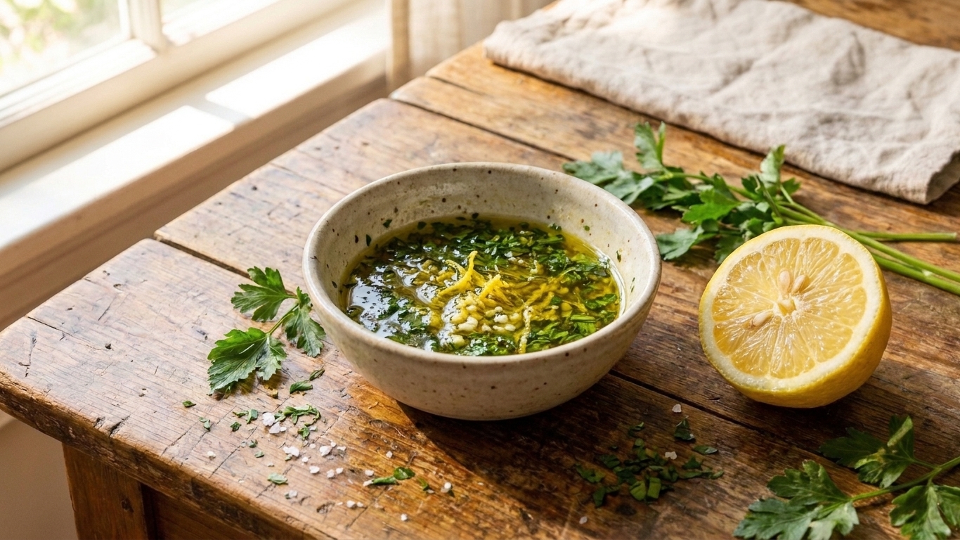 A small bowl of lemon-garlic herb sauce with visible lemon zest and chopped parsley on a kitchen counter next to a halved lemon