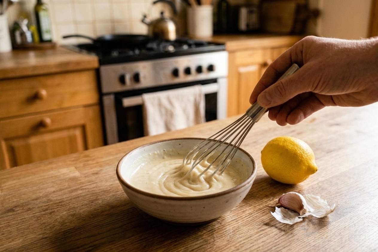 A small bowl of lemon-garlic sauce being whisked until creamy, with a lemon and garlic clove nearby on the counter