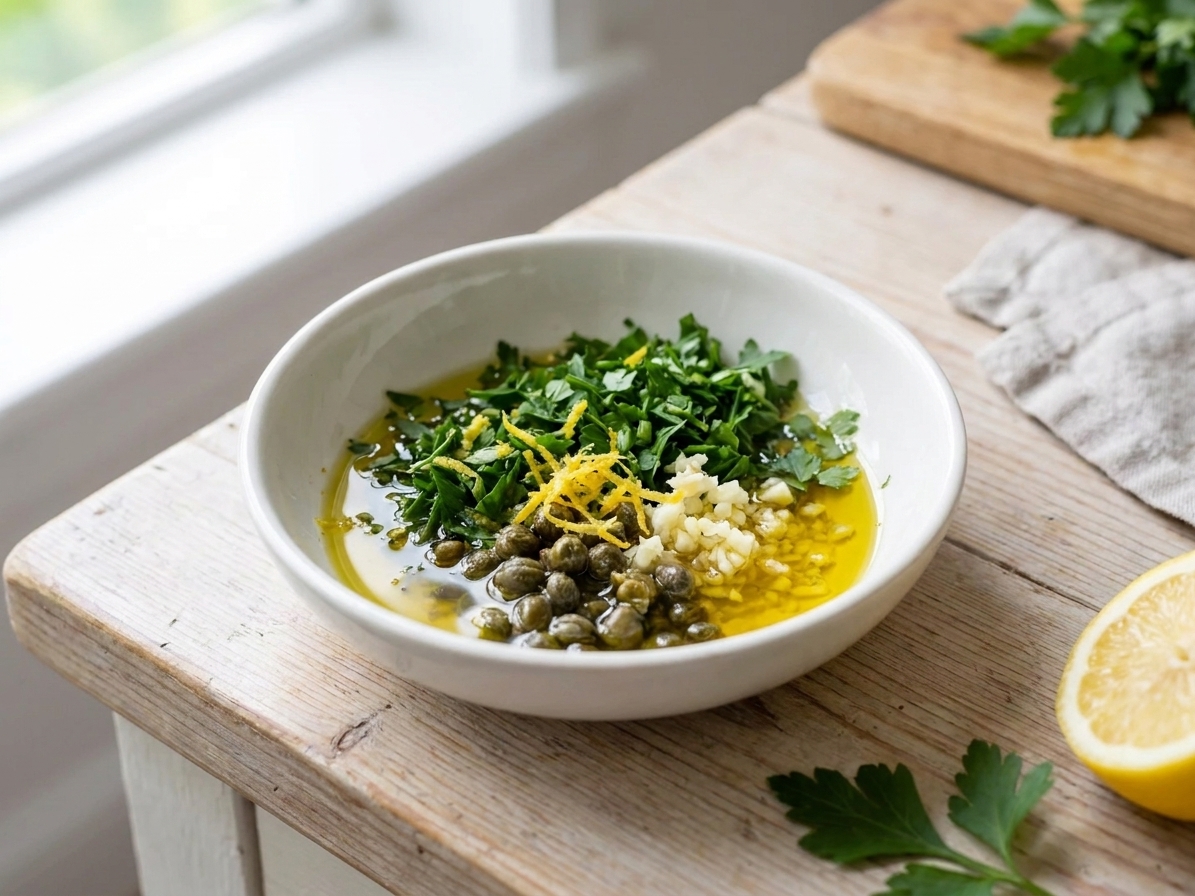 A small bowl of lemon herb sauce ingredients with olive oil, chopped parsley, lemon zest, minced garlic, and capers arranged on a clean kitchen counter