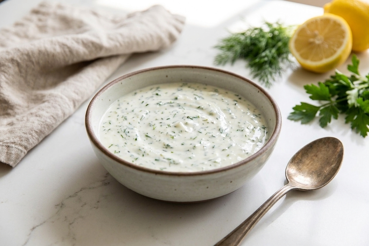 A small bowl of lemon herb yogurt sauce with flecks of green herbs on a kitchen counter beside a spoon