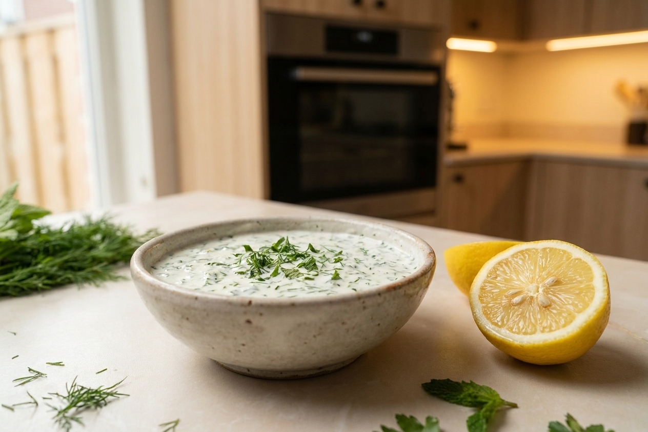 A small bowl of lemon herb yogurt sauce with visible chopped herbs on a kitchen counter next to a halved lemon