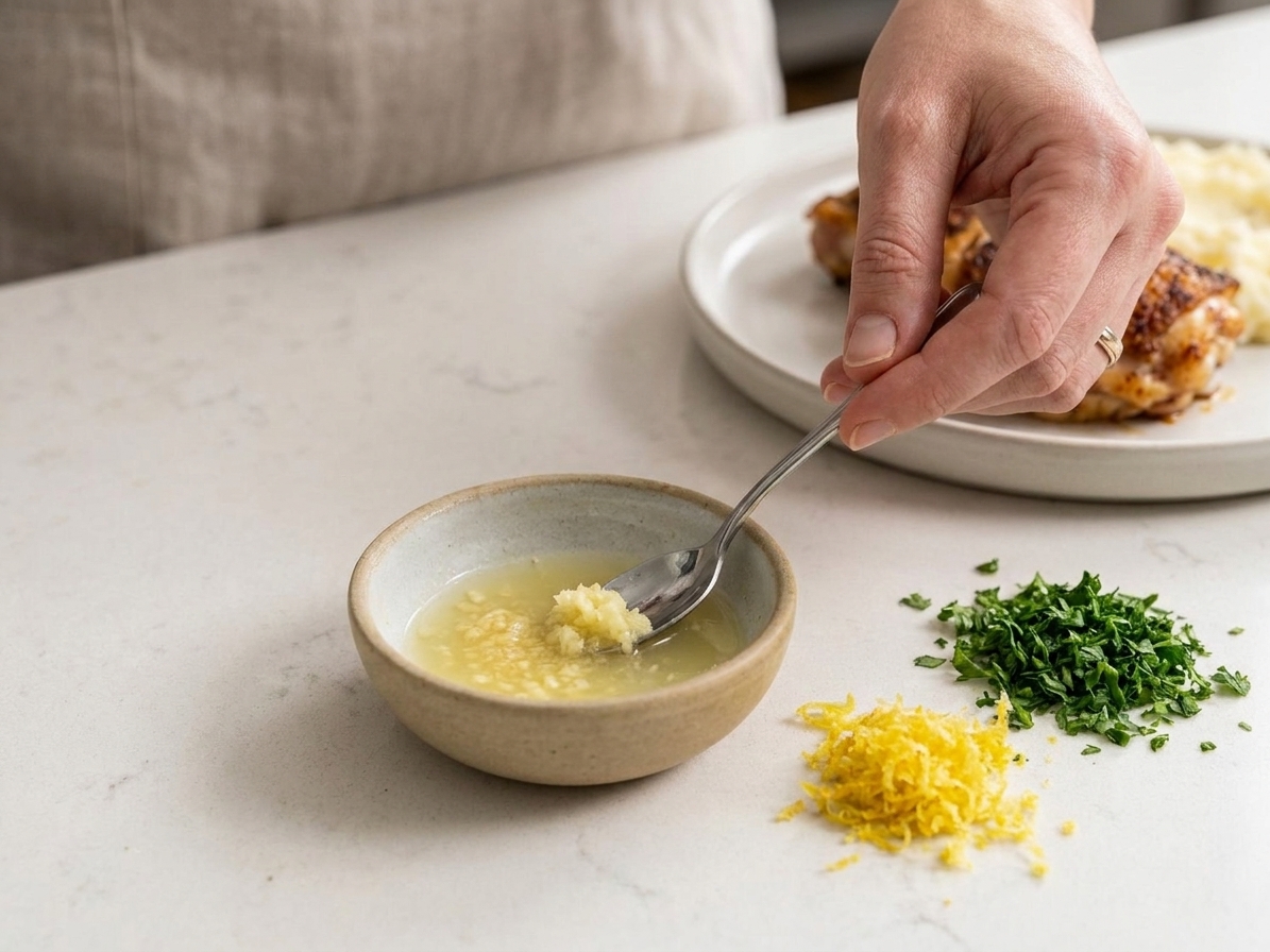 A small bowl of lemon juice and grated garlic next to lemon zest and chopped parsley on a kitchen counter, ready to drizzle over cooked chicken