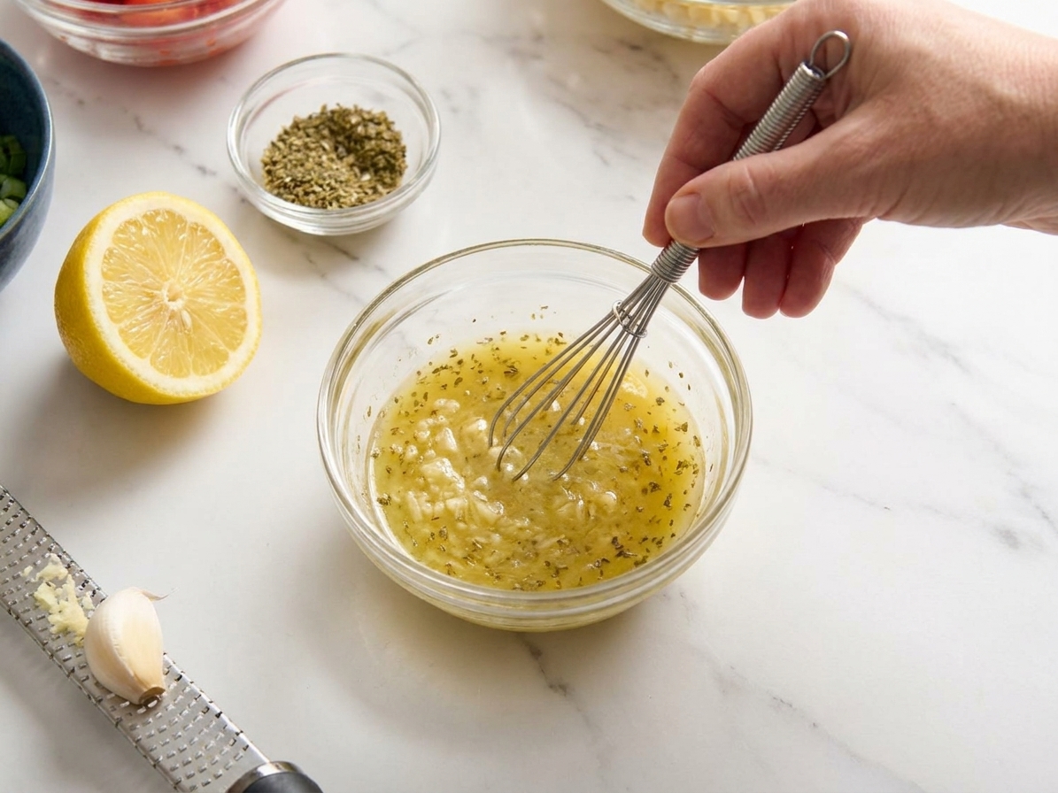 A small bowl of lemon oregano dressing being whisked with visible flecks of dried oregano and grated garlic