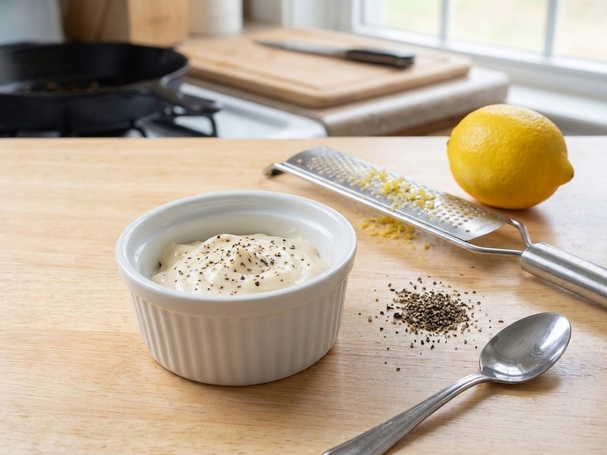 A small bowl of lemon pepper mayonnaise on a kitchen counter with a microplane, a lemon, cracked black pepper, and a spoon nearby in soft natural light