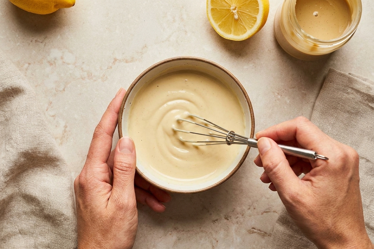A small bowl of lemon tahini sauce being whisked until smooth on a light stone countertop