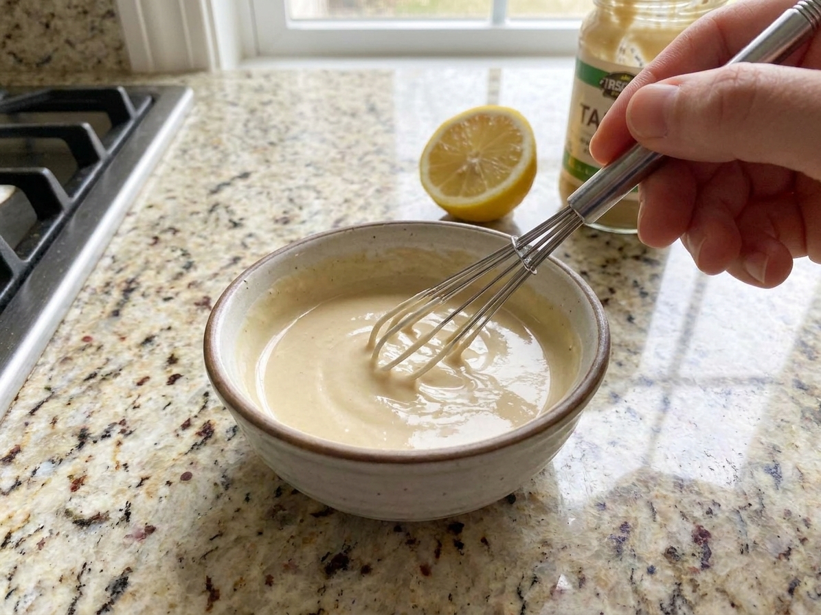 A small bowl of lemon tahini sauce being whisked until smooth on a kitchen counter