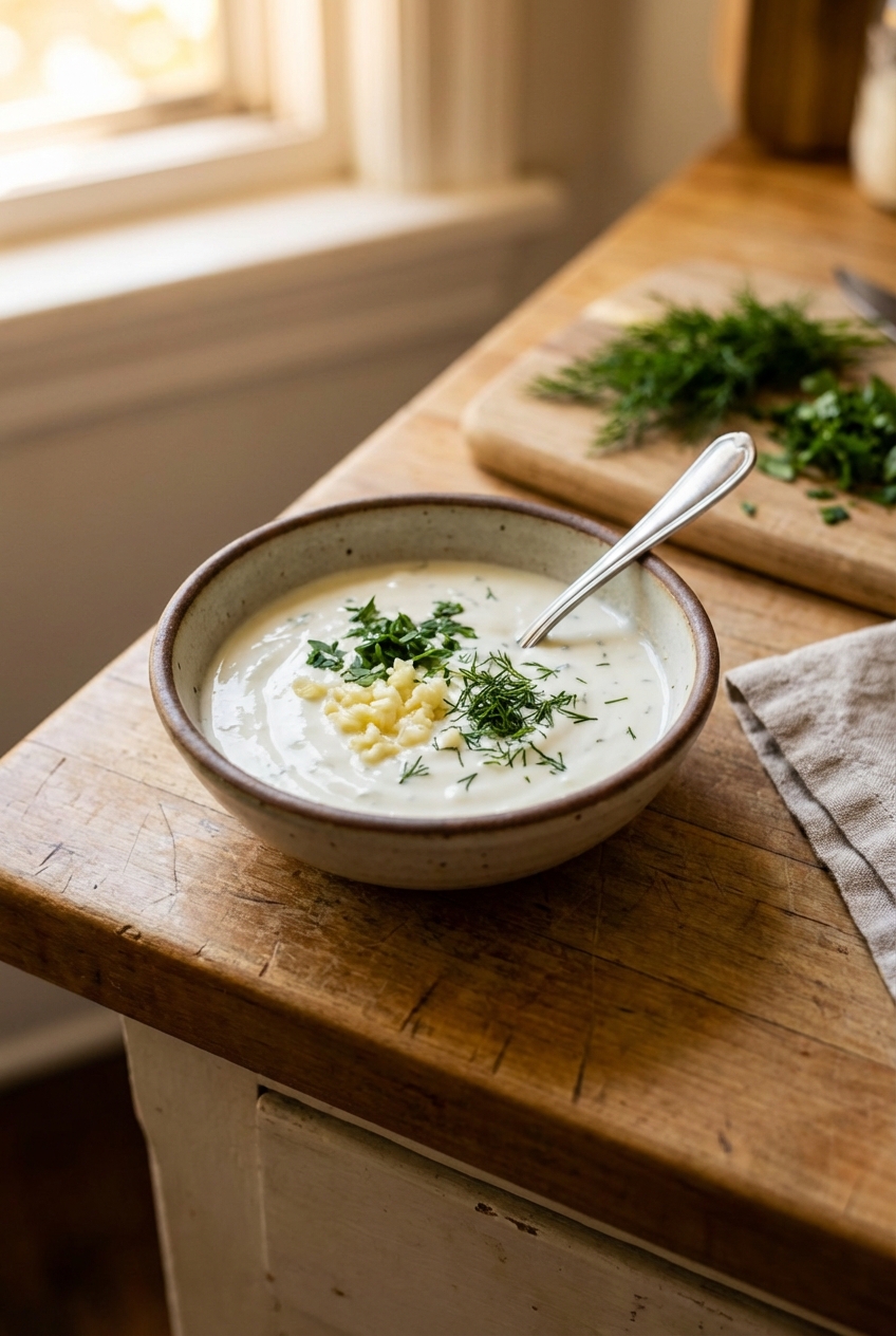 A small bowl of lemon yogurt sauce with minced garlic and chopped herbs on a wooden counter