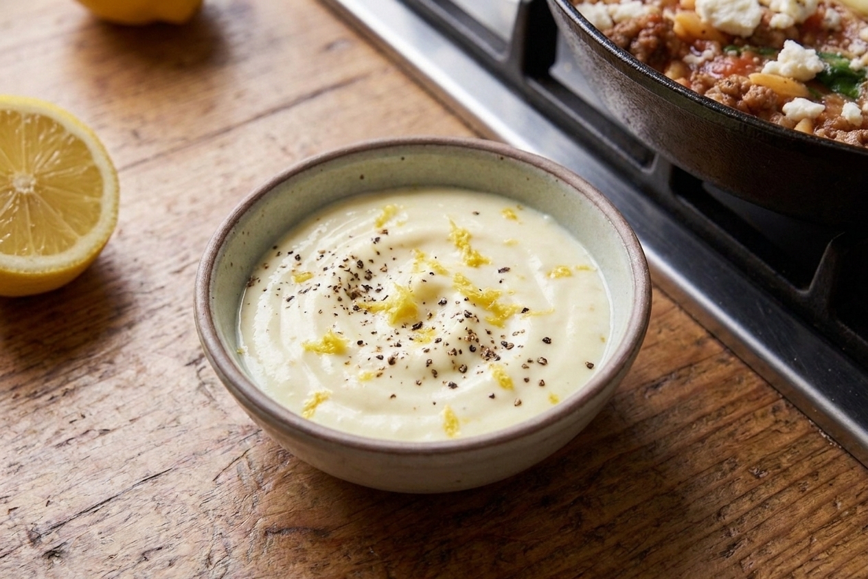 A small bowl of lemon yogurt sauce with visible lemon zest and black pepper on a kitchen counter next to a halved lemon