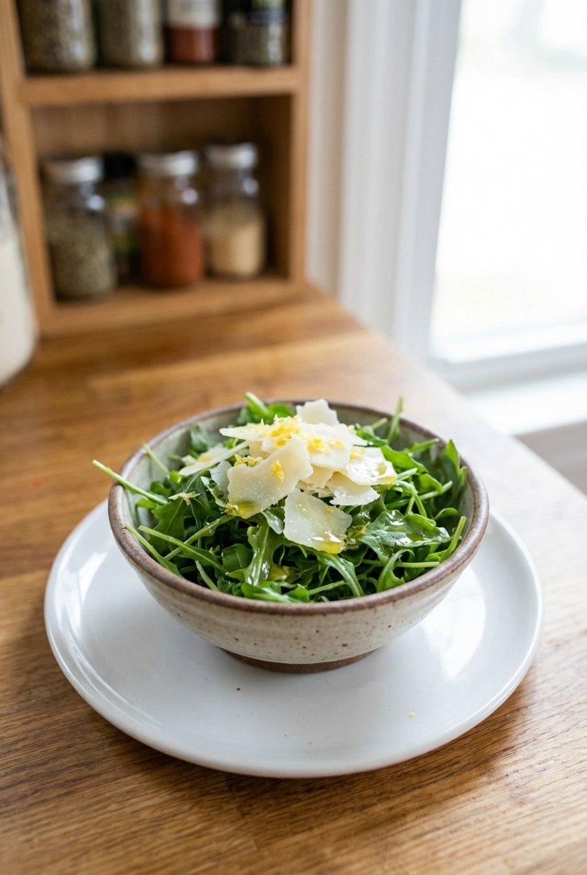A small bowl of lemony arugula salad with shaved parmesan on a white plate