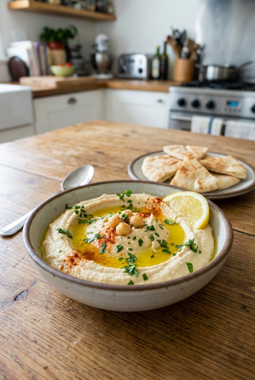 A small bowl of lemony hummus topped with olive oil and herbs on a kitchen table