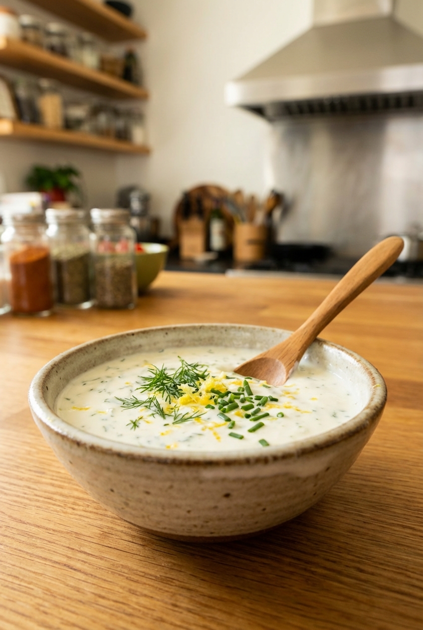 A small bowl of lemony yogurt sauce with herbs and a spoon