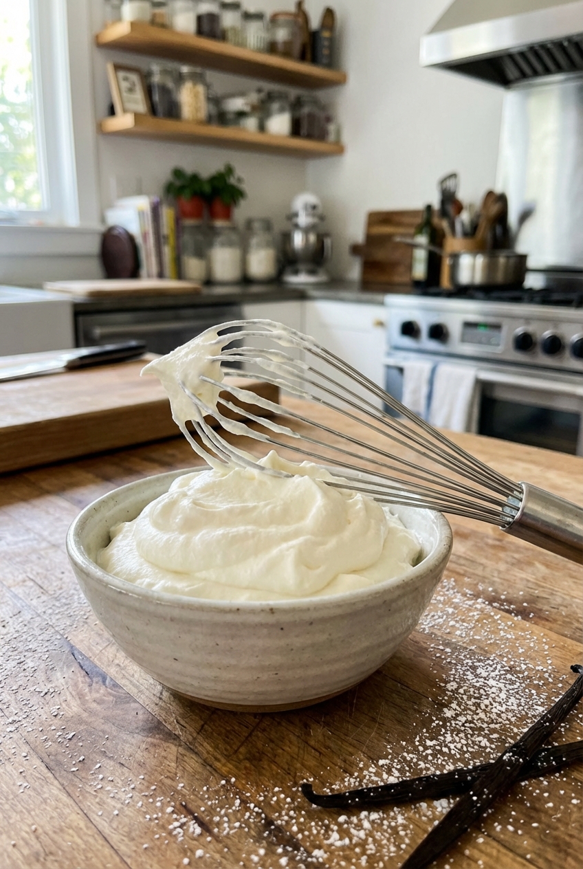 A small bowl of lightly sweetened whipped cream with a whisk