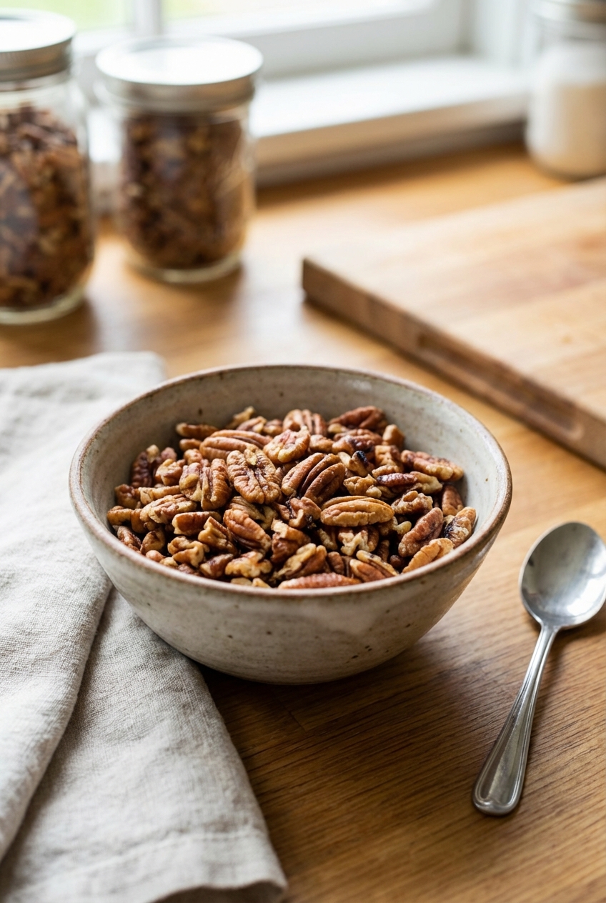 A small bowl of lightly toasted chopped pecans