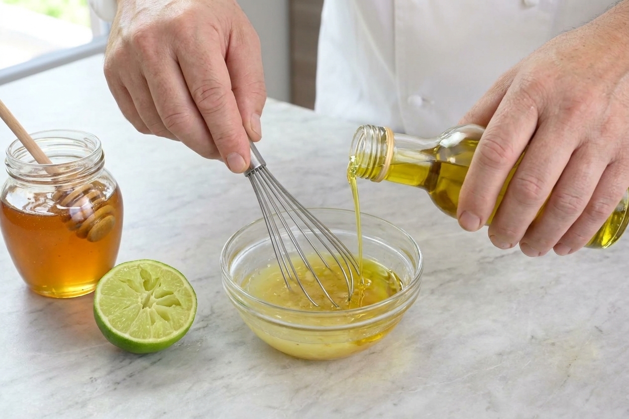 A small bowl of lime and honey dressing being whisked with olive oil on a stone countertop